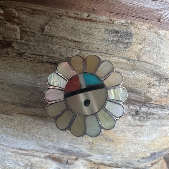 Vintage Zuni Inlay Turquoise Coral Sunface Sterling Silver Ring - Picture 1 of 10